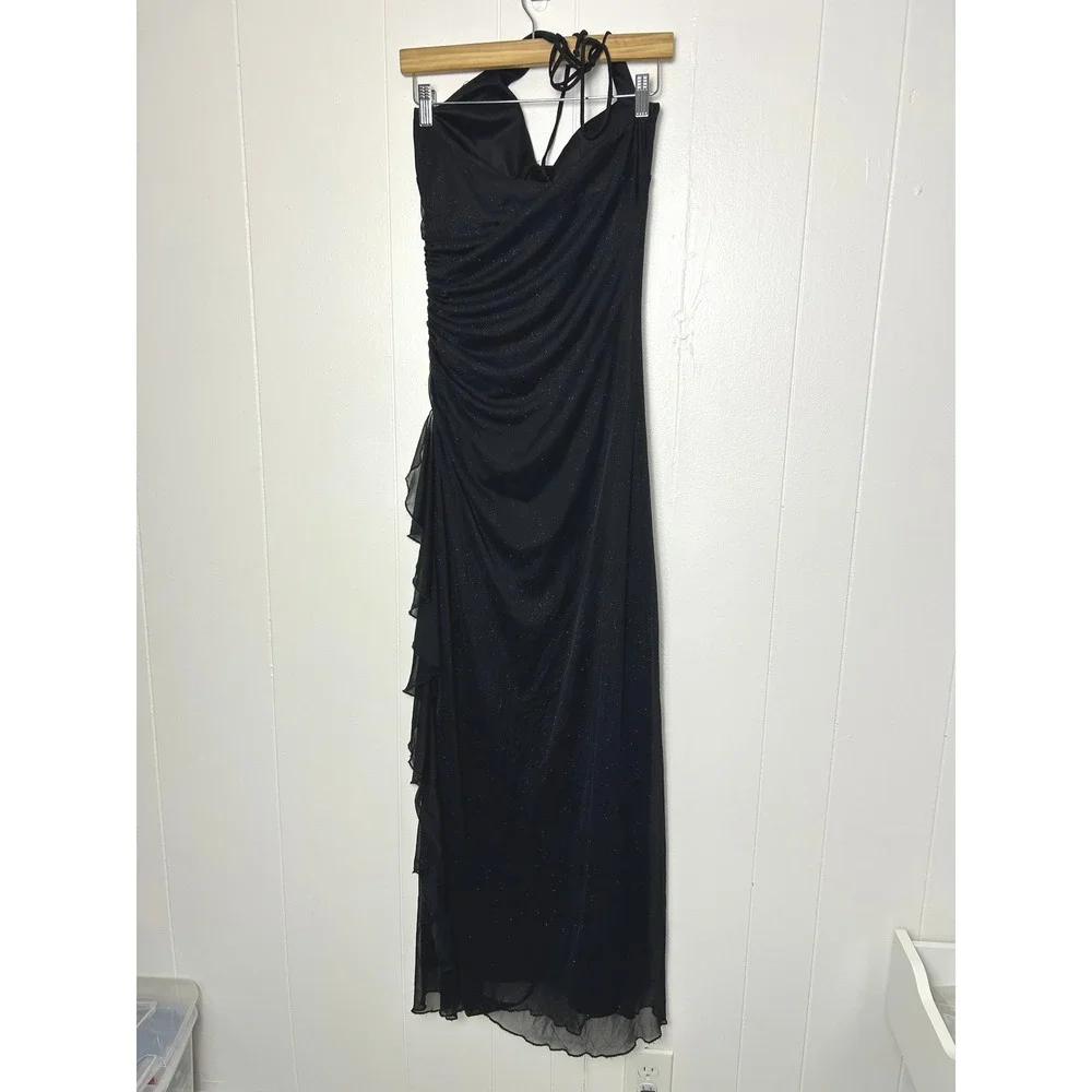 Y2k City Triangles Prom Dress‎ Gown L Black Glitter Ruched Halter Whimsigoth